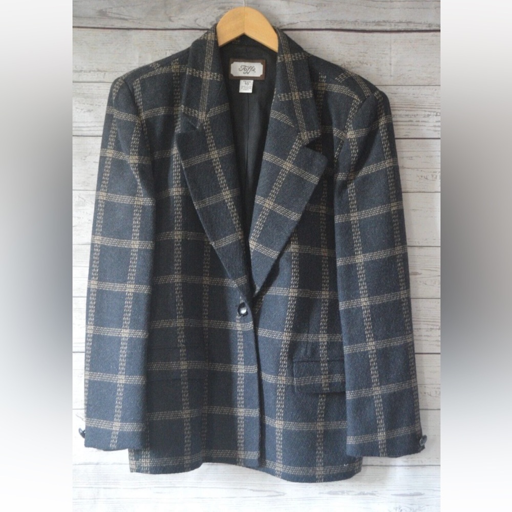 Toffs wool suit jacket size petite 10 plaid charcoal gray